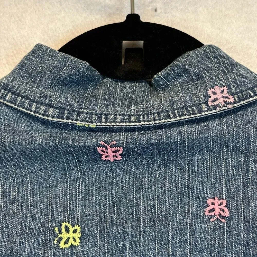Vintage ALFRED DUNNER Denim Jacket Size 12‎ Blue 80s Embroidered Butterfly Cute!